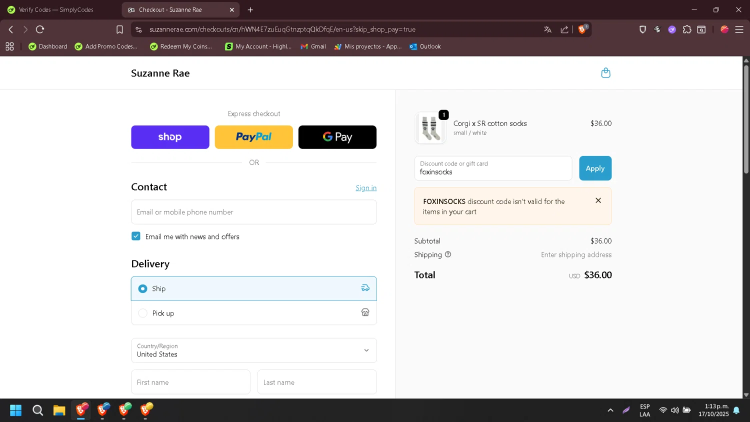 Suzanne Rae promo code screenshot showing code foxinsocks applied at Suzanne Rae checkout page. Uploaded by SimplyCodes community member Wukong on Oct 17, 2025