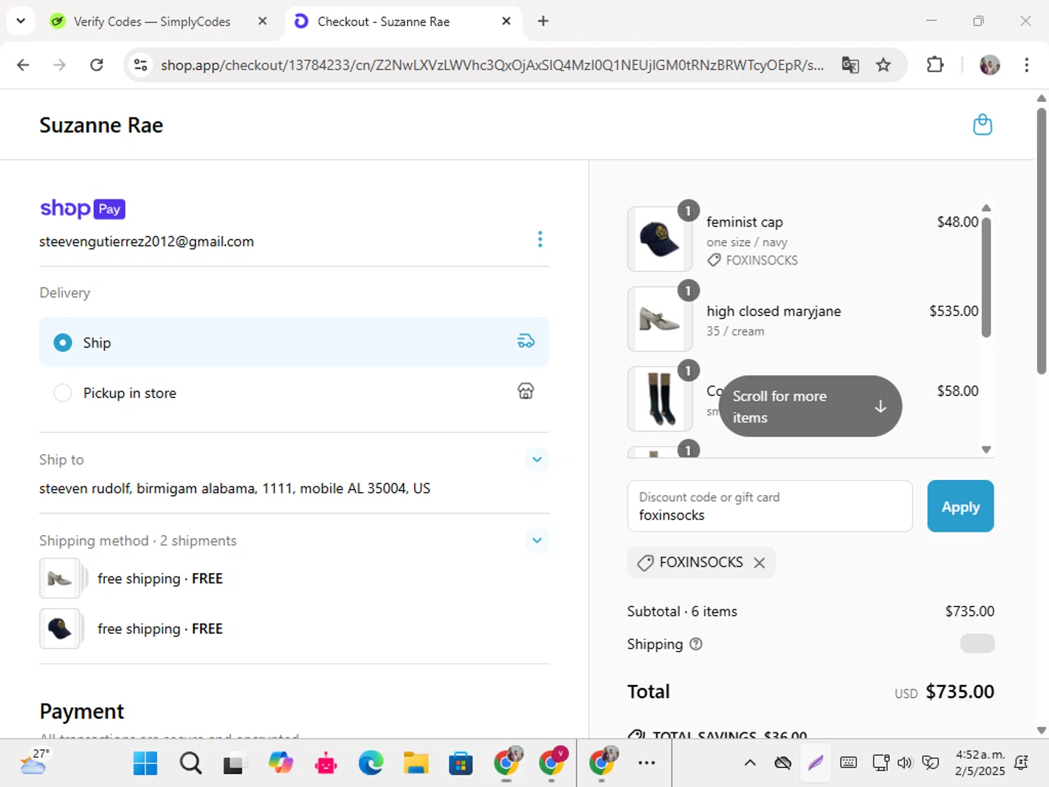 Suzanne Rae promo code screenshot showing code foxinsocks applied at Suzanne Rae checkout page. Uploaded by SimplyCodes community member karolg on May 2, 2025