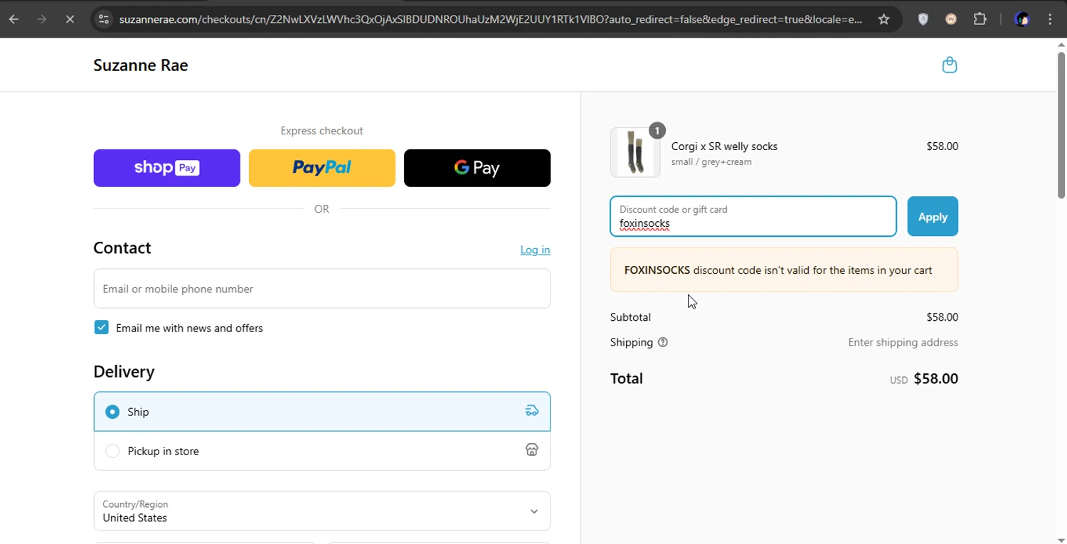 Suzanne Rae promo code screenshot showing code foxinsocks applied at Suzanne Rae checkout page. Uploaded by SimplyCodes community member xXSATOXx on Mar 15, 2025