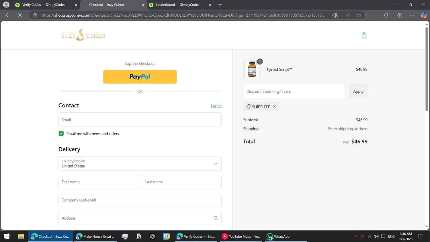 Suzy Cohen discount code screenshot showing code SHIPSLEEP applied at Suzy Cohen checkout page. Uploaded by SimplyCodes community member BorgeZzz on Jan 1, 2025