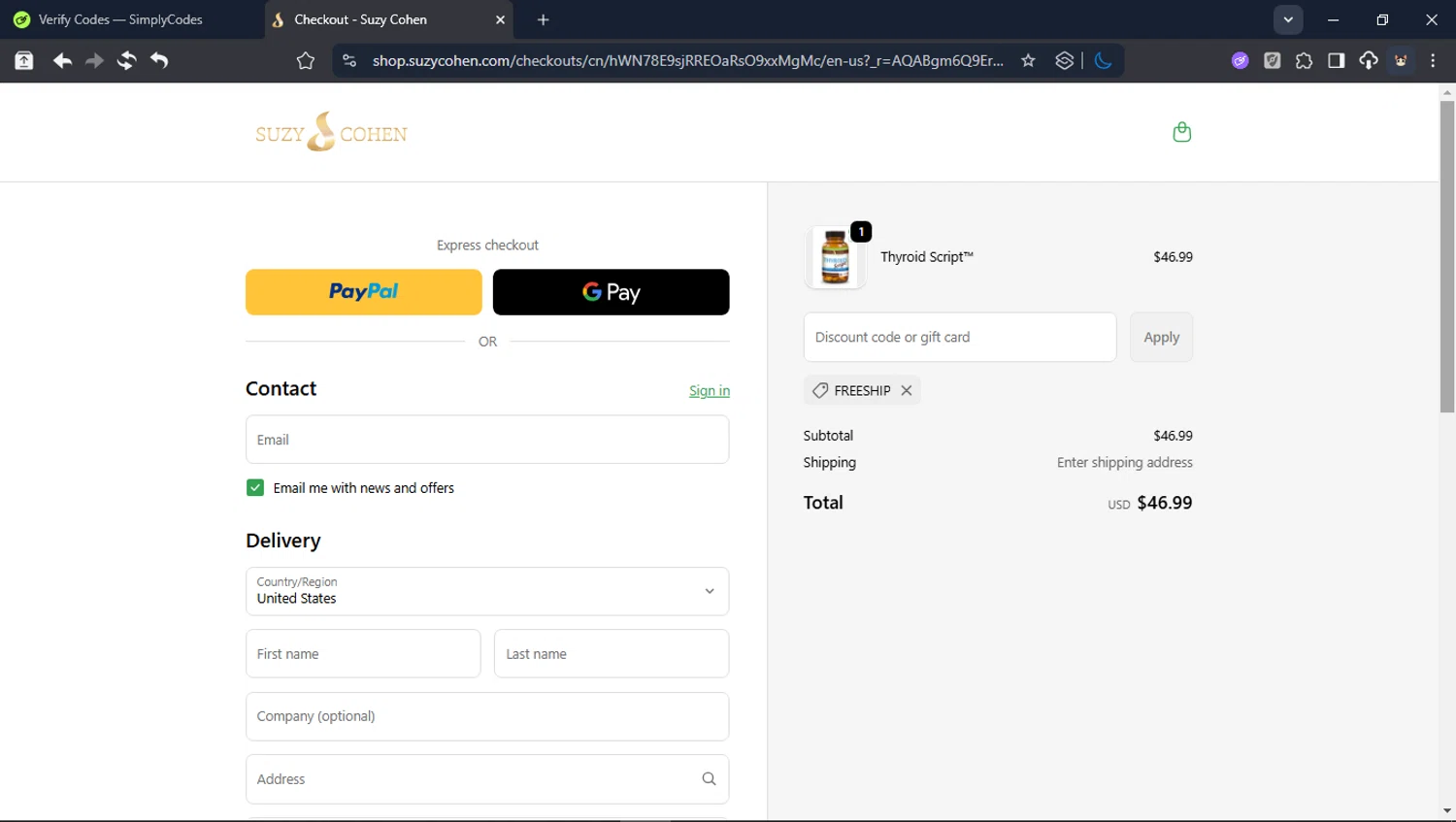 Suzy Cohen checkout page showing Suzy Cohen discount code box | Screenshot taken by SimplyCodes community member on Jan 2, 2026