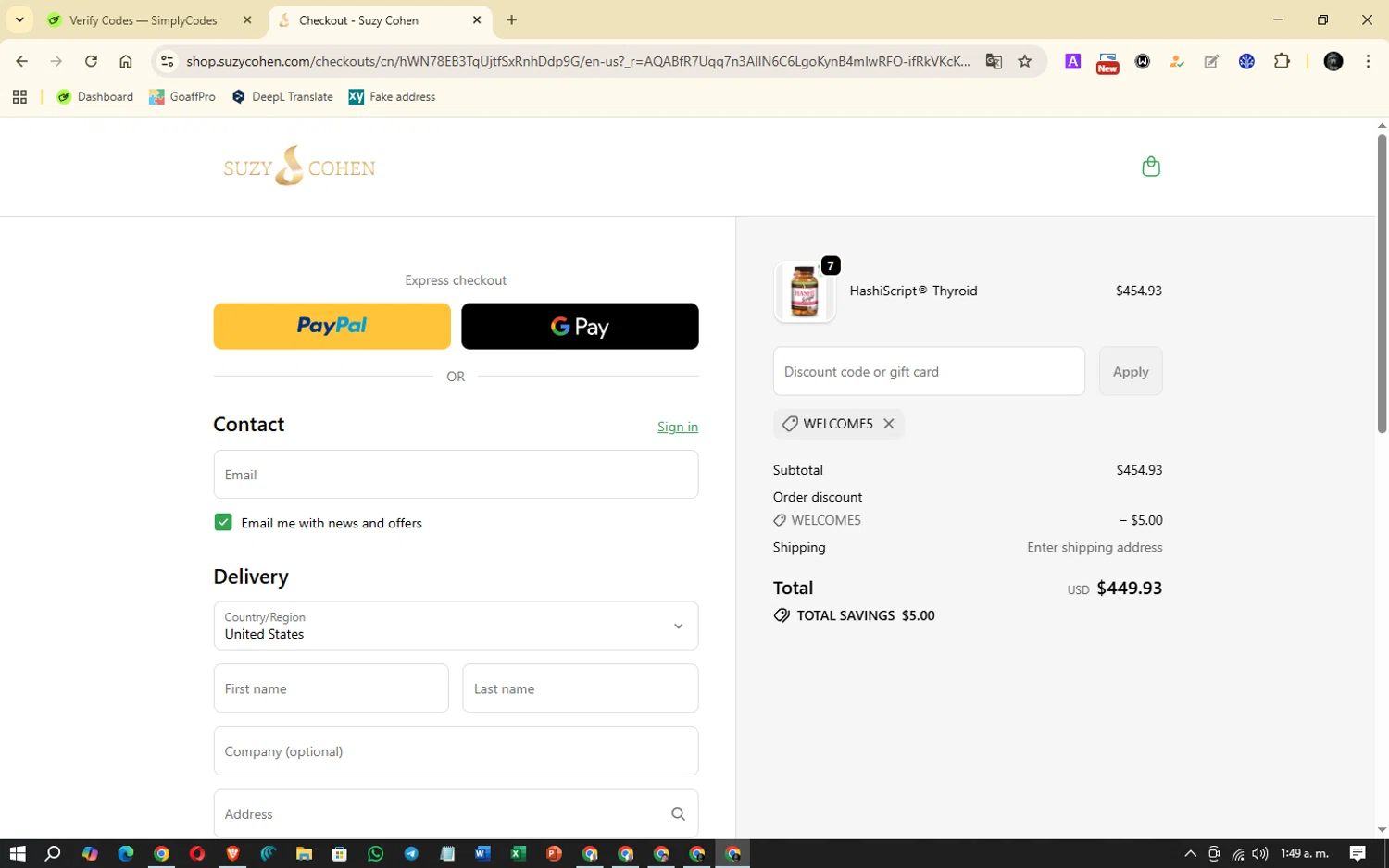 Suzy Cohen checkout page showing Suzy Cohen discount code box | Screenshot taken by SimplyCodes community member on Jan 2, 2026