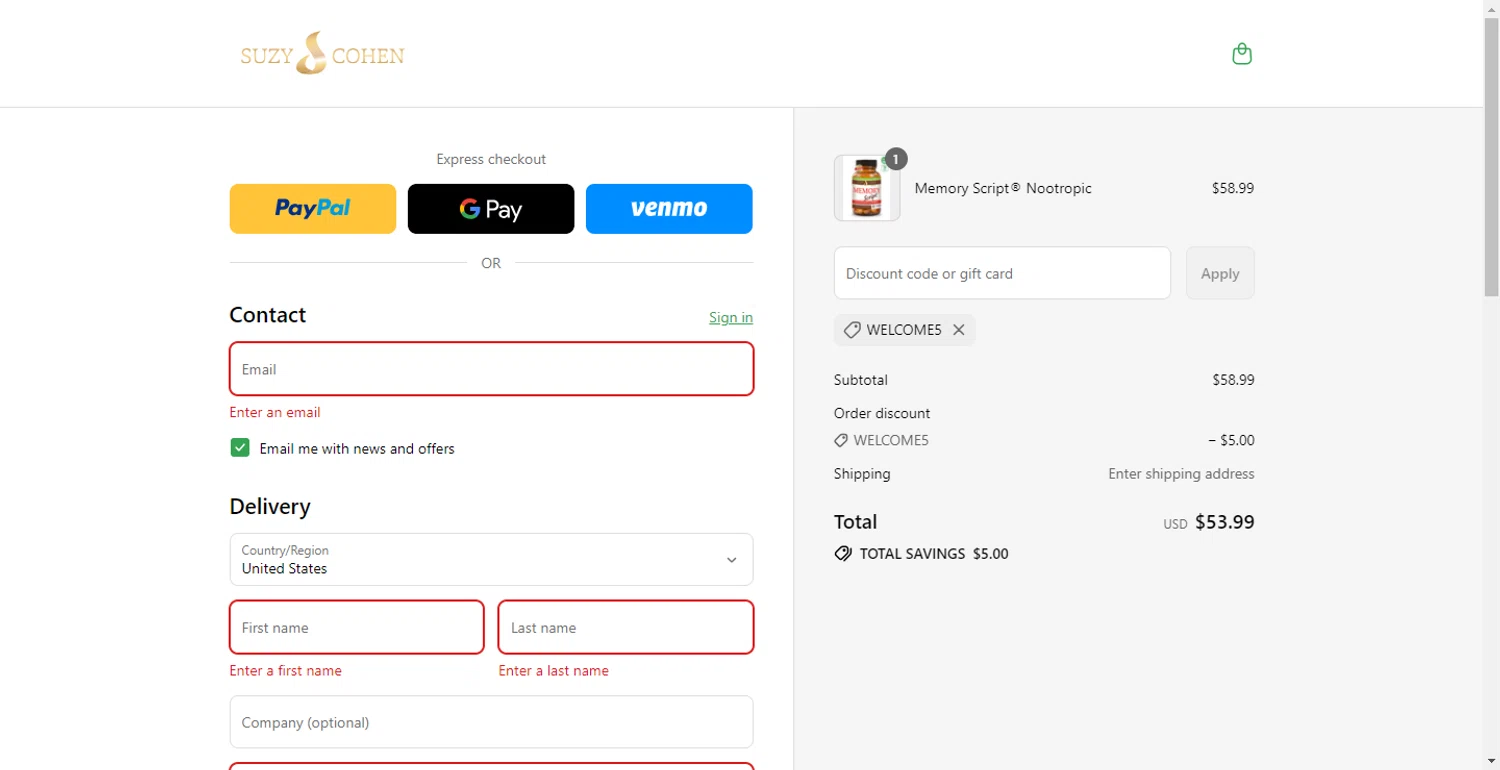 Suzy Cohen discount code screenshot showing code WELCOME5 applied at Suzy Cohen checkout page. Uploaded by SimplyCodes community member BargainMonarch8220 on Sep 12, 2025