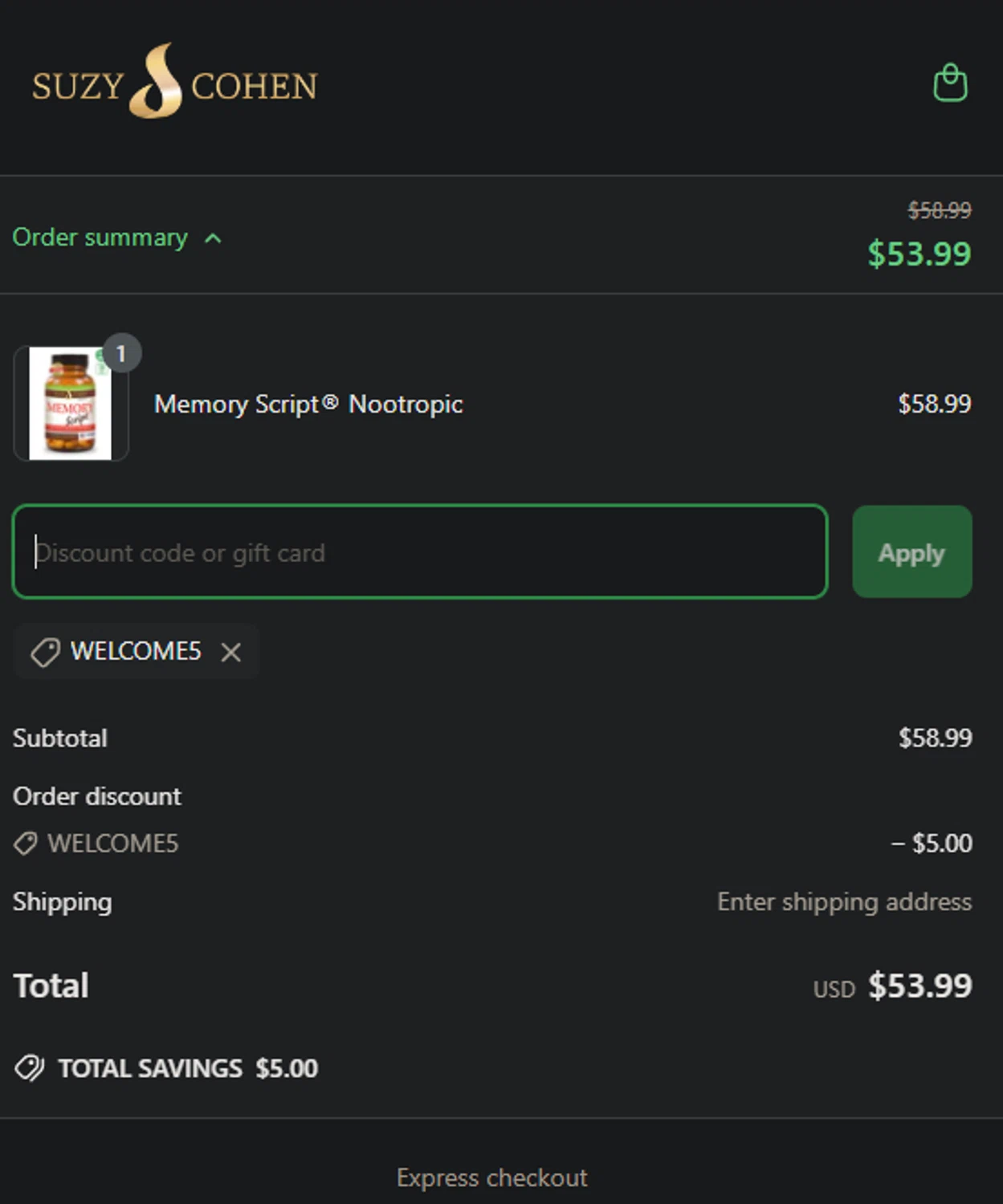 Suzy Cohen discount code screenshot showing code WELCOME5 applied at Suzy Cohen checkout page. Uploaded by SimplyCodes community member Gianpiero on Apr 8, 2025