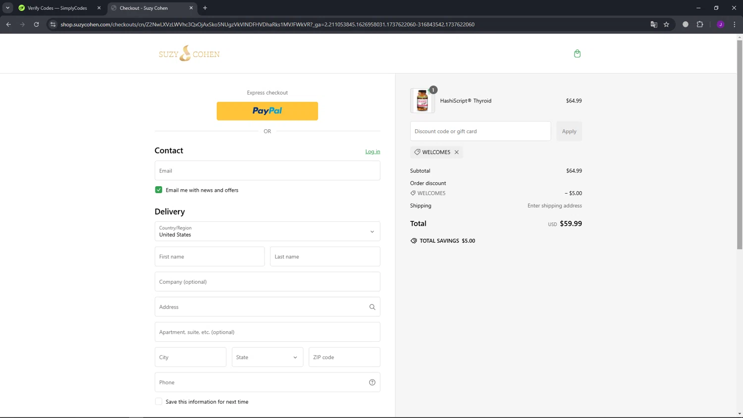 Suzy Cohen discount code screenshot showing code WELCOME5 applied at Suzy Cohen checkout page. Uploaded by SimplyCodes community member NobleHunter7932 on Jan 23, 2025
