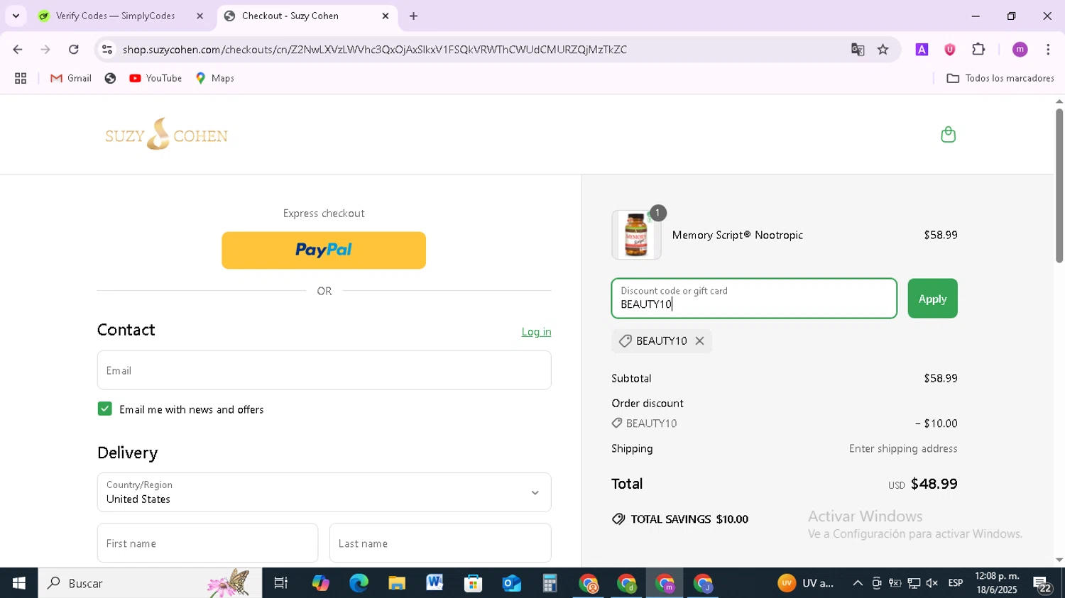 Suzy Cohen discount code screenshot showing code BEAUTY10 applied at Suzy Cohen checkout page. Uploaded by SimplyCodes community member BudgetMonarch8952 on Jun 18, 2025