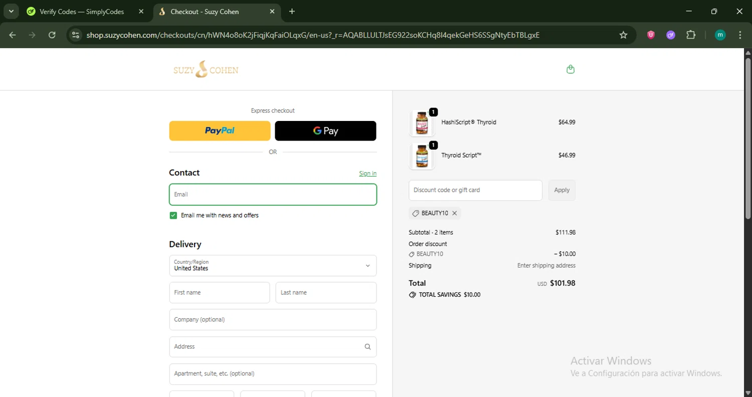 Suzy Cohen discount code screenshot showing code BEAUTY10 applied at Suzy Cohen checkout page. Uploaded by SimplyCodes community member CrownSpotter4262 on Nov 2, 2025