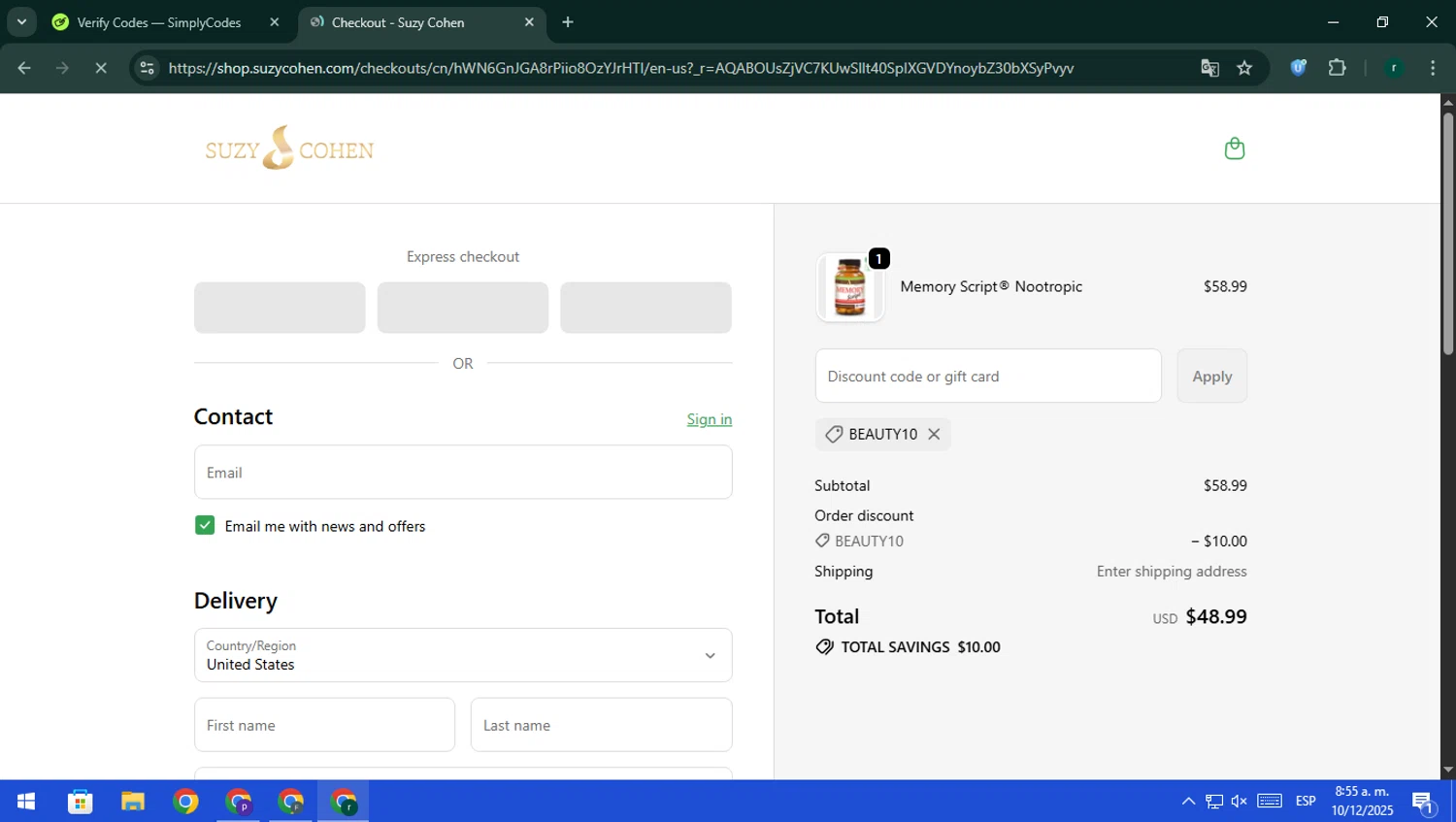 Suzy Cohen discount code screenshot showing code BEAUTY10 applied at Suzy Cohen checkout page. Uploaded by SimplyCodes community member rodri1 on Dec 10, 2025