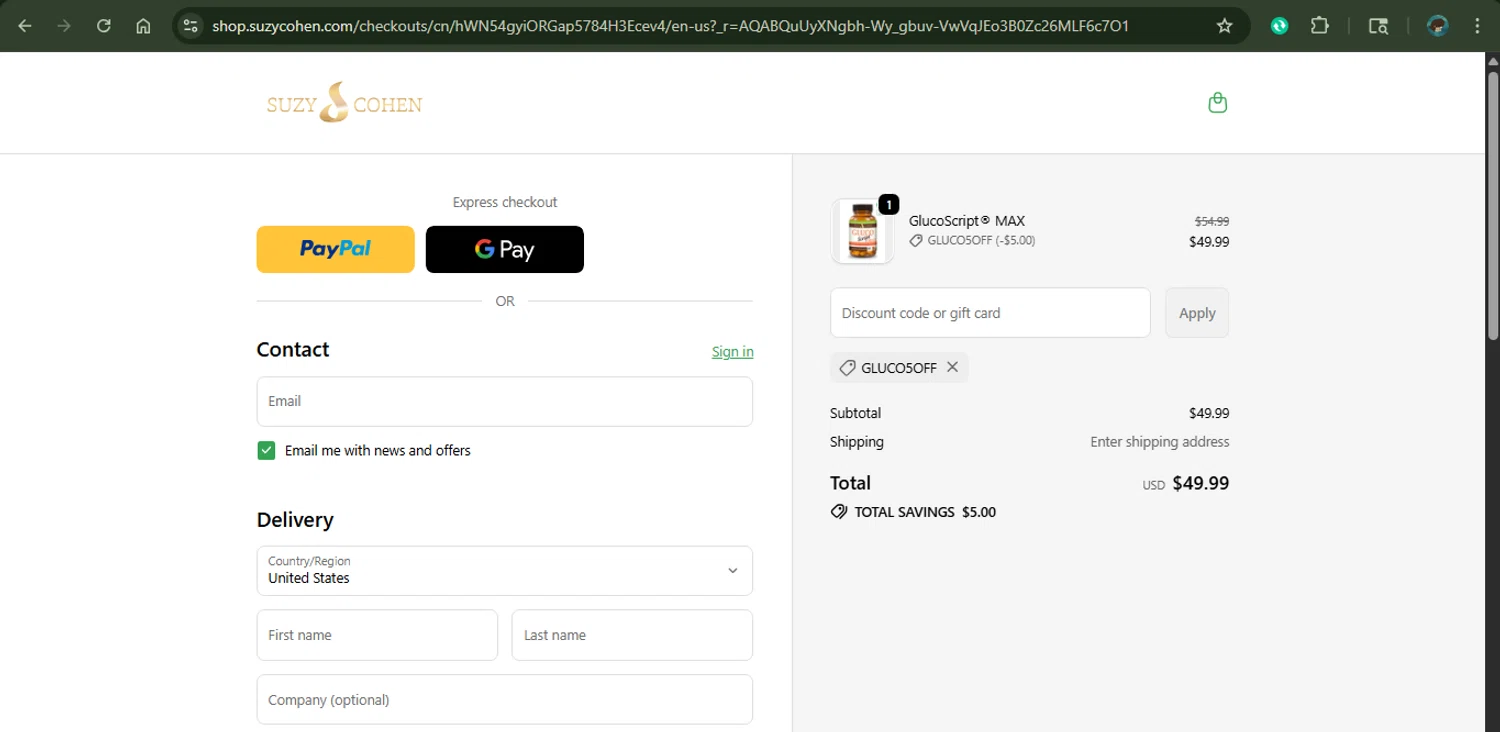 Suzy Cohen discount code screenshot showing code GLUCO5OFF applied at Suzy Cohen checkout page. Uploaded by SimplyCodes community member MariaCorinaMachado on Nov 9, 2025