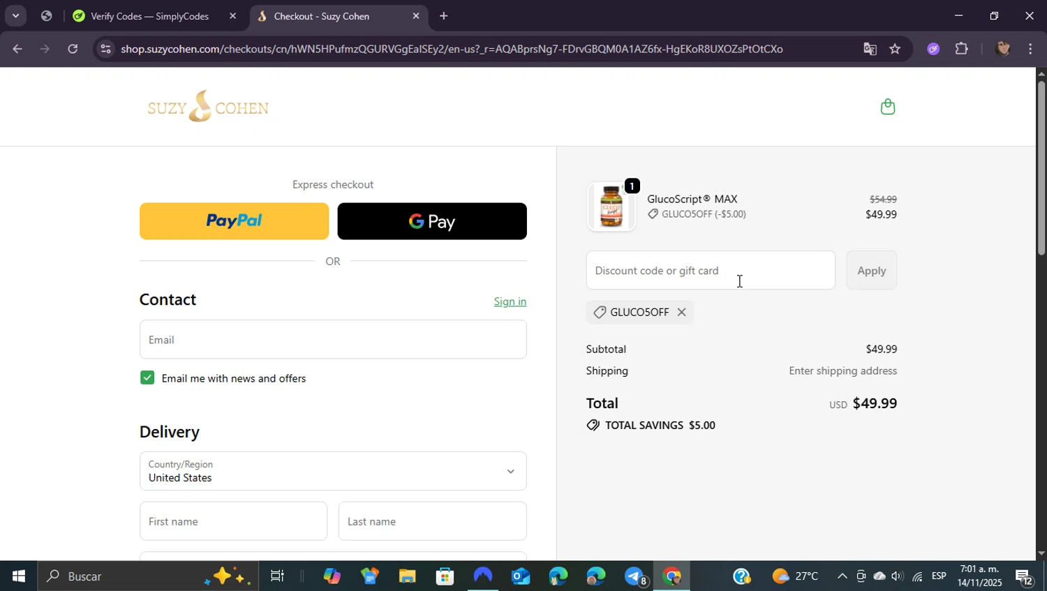 Suzy Cohen discount code screenshot showing code GLUCO5OFF applied at Suzy Cohen checkout page. Uploaded by SimplyCodes community member ShieldEagle9436 on Nov 14, 2025