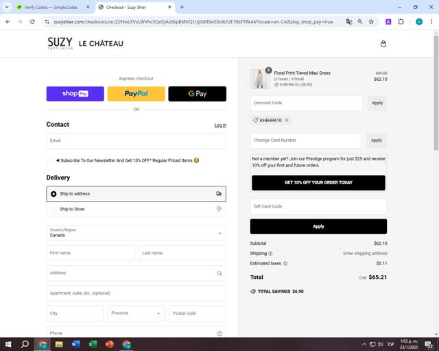 Suzy Shier checkout page showing Suzy Shier coupon code box | Screenshot taken by SimplyCodes community member on Jan 23, 2025