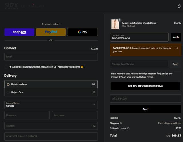 Suzy Shier checkout page showing Suzy Shier coupon code box | Screenshot taken by SimplyCodes community member on Jan 9, 2025