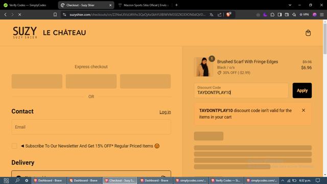 Suzy Shier checkout page showing Suzy Shier coupon code box | Screenshot taken by SimplyCodes community member on Jan 18, 2025