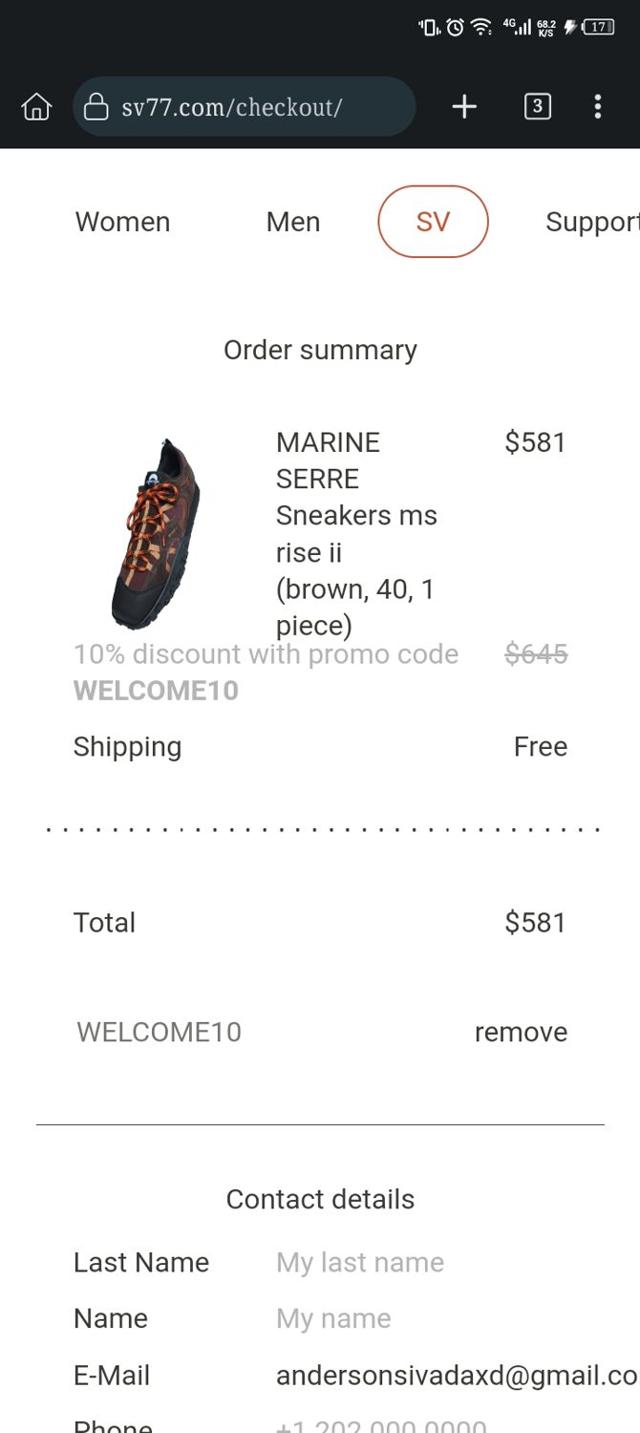Sv77 checkout page showing Sv77 promo code box | Screenshot taken by SimplyCodes community member on May 10, 2025