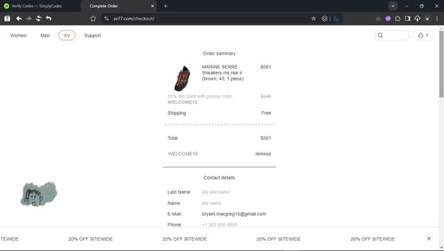 Sv77 checkout page showing Sv77 promo code box | Screenshot taken by SimplyCodes community member on May 17, 2025