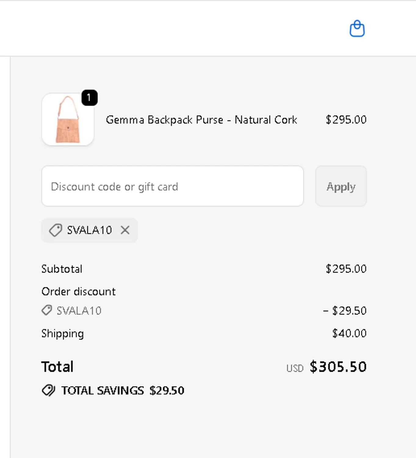 Svala promo code screenshot showing code SVALA10 applied at Svala checkout page. Uploaded by SimplyCodes community member BLUEBLASTOISE on Nov 10, 2025