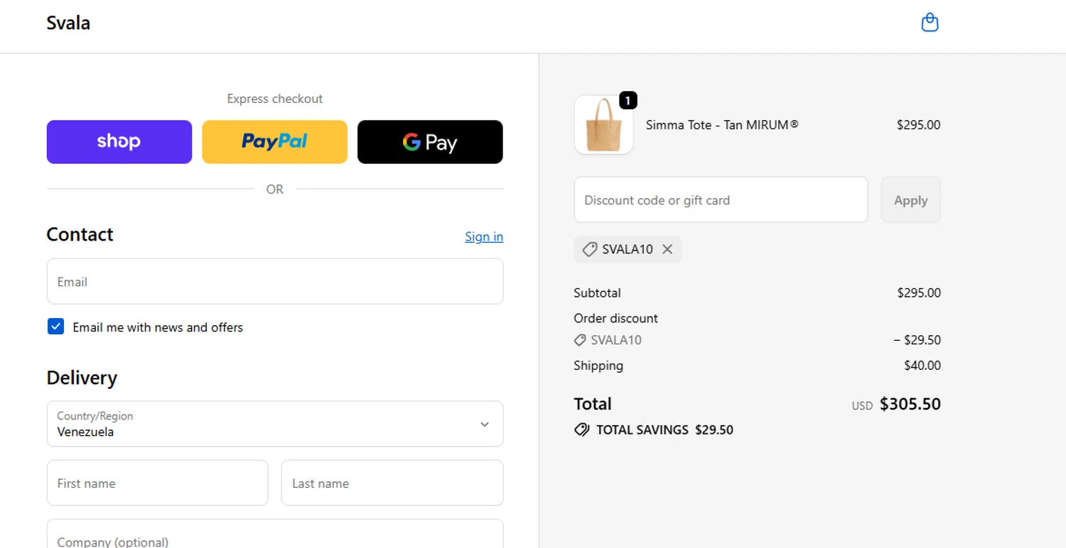 Svala promo code screenshot showing code SVALA10 applied at Svala checkout page. Uploaded by SimplyCodes community member Sweety2020 on Oct 23, 2025