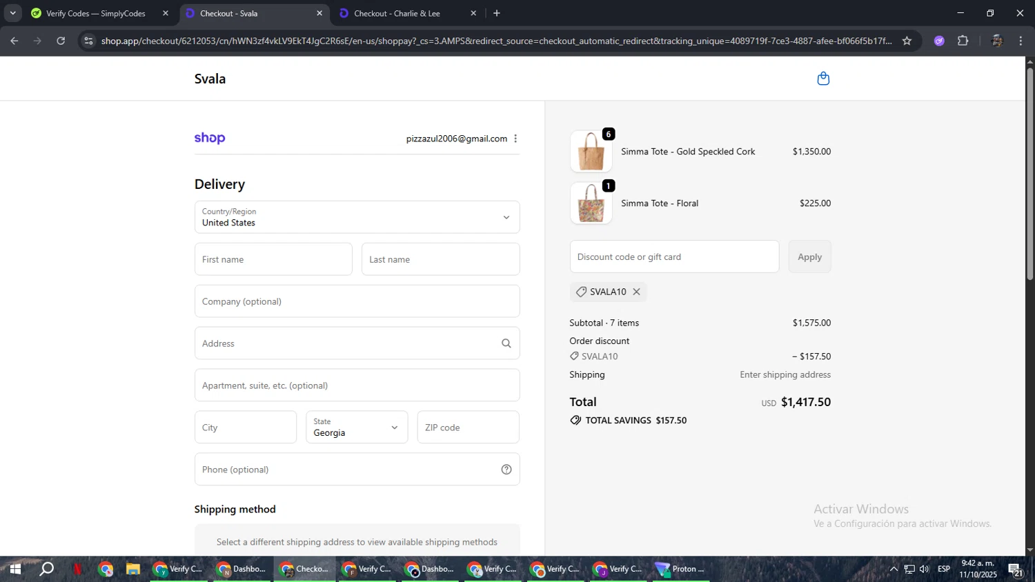 Svala promo code screenshot showing code SVALA10 applied at Svala checkout page. Uploaded by SimplyCodes community member xxdddd on Oct 11, 2025