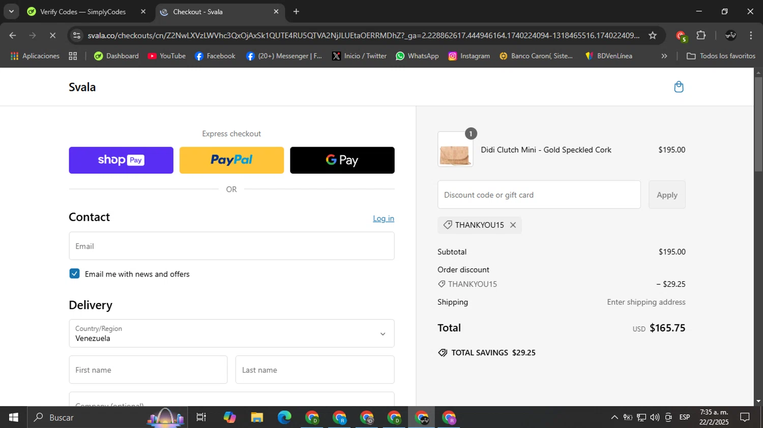 Svala promo code screenshot showing code THANKYOU15 applied at Svala checkout page. Uploaded by SimplyCodes community member Ricardobr06 on Feb 22, 2025