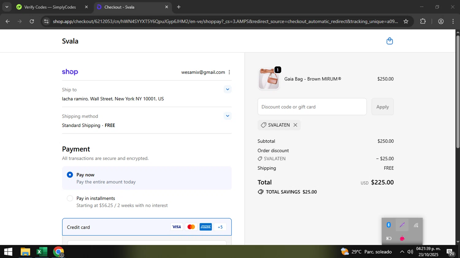 Svala promo code screenshot showing code SVALATEN applied at Svala checkout page. Uploaded by SimplyCodes community member coder_916642691 on Oct 23, 2025