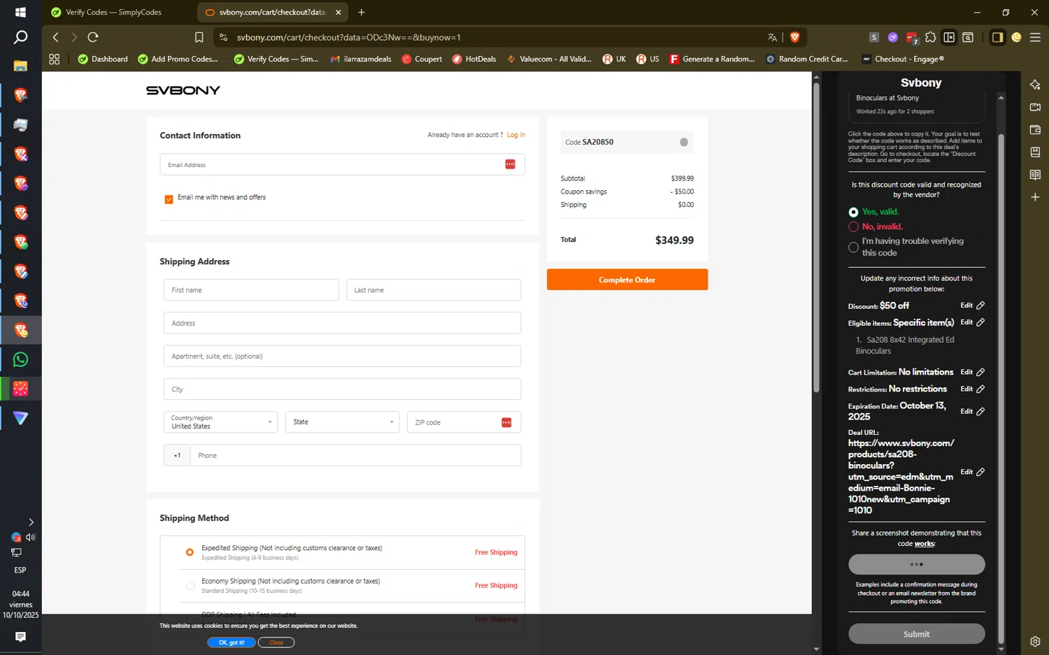 Svbony checkout page showing Svbony coupon code box | Screenshot taken by SimplyCodes community member on Oct 10, 2025