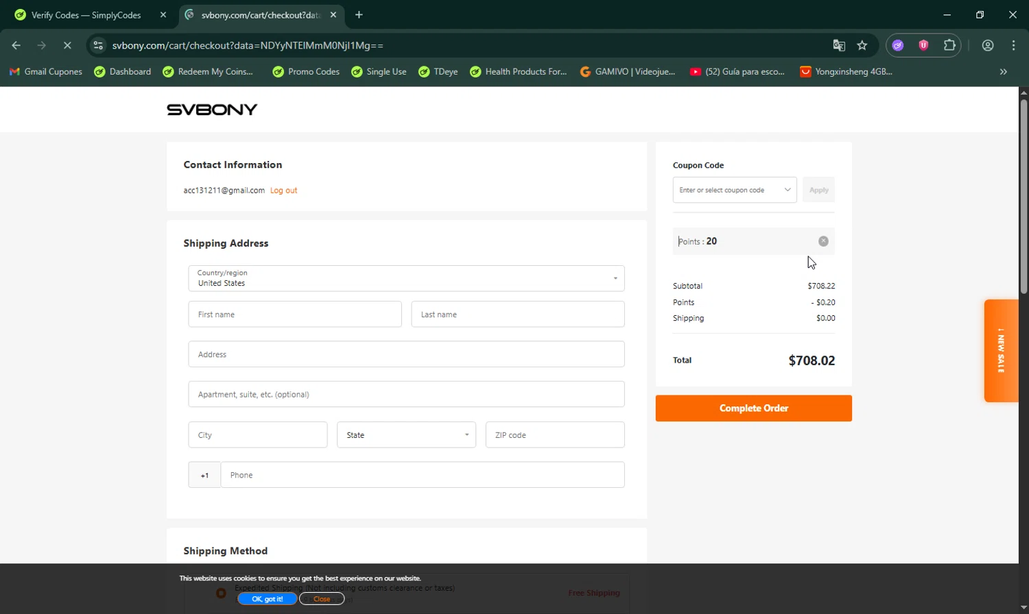 Svbony checkout page showing Svbony coupon code box | Screenshot taken by SimplyCodes community member on Jan 4, 2026
