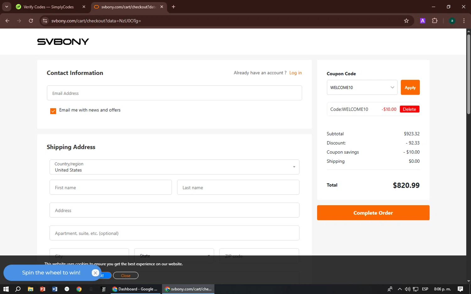 Svbony checkout page showing Svbony coupon code box | Screenshot taken by SimplyCodes community member on Jan 27, 2026