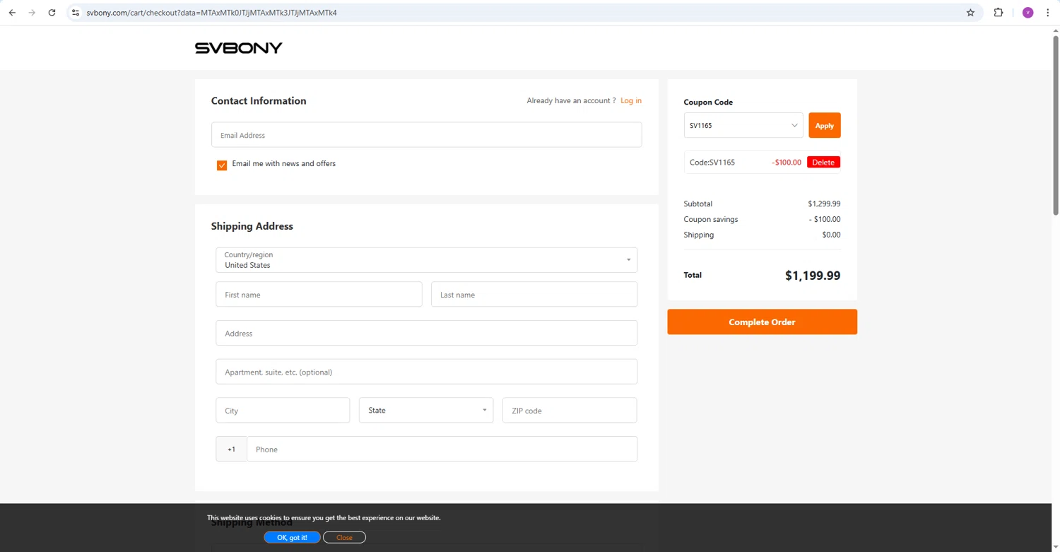 Svbony checkout page showing Svbony coupon code box | Screenshot taken by SimplyCodes community member on Feb 11, 2026