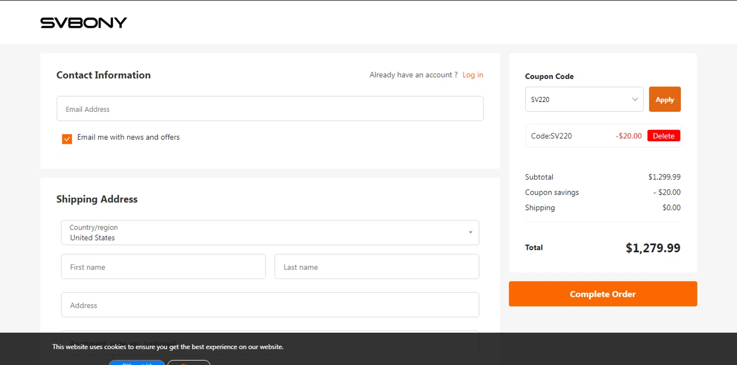 Svbony coupon code screenshot showing code SV220 applied at Svbony checkout page. Uploaded by SimplyCodes community member HUNTER1406 on Feb 11, 2026