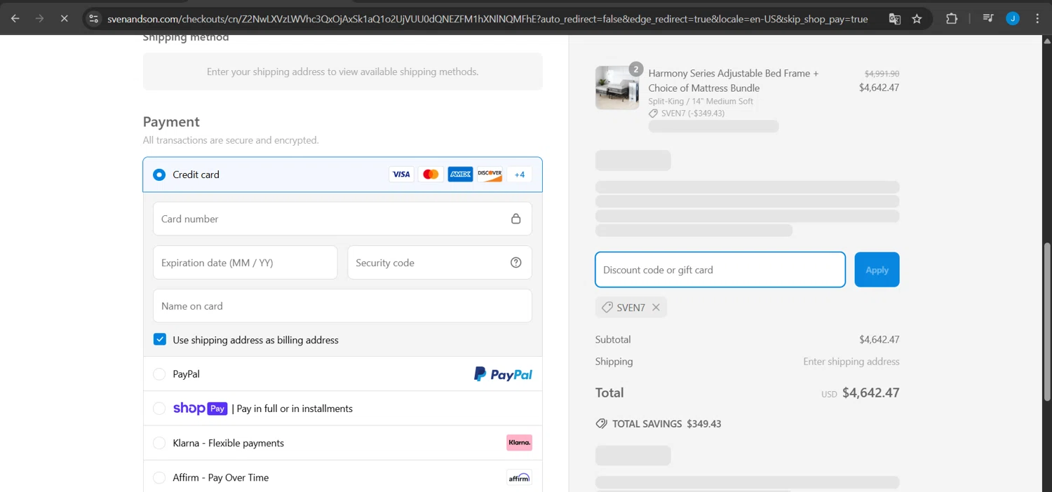 Sven and Son discount code screenshot showing code SVEN7 applied at Sven and Son checkout page. Uploaded by SimplyCodes community member Jeanjc on Mar 22, 2025