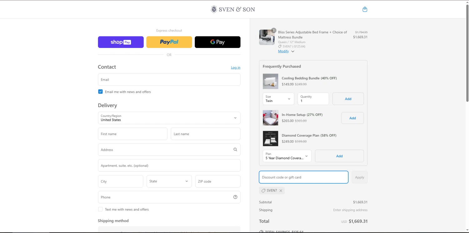 Sven and Son discount code screenshot showing code SVEN7 applied at Sven and Son checkout page. Uploaded by SimplyCodes community member Underaiki on Mar 29, 2025