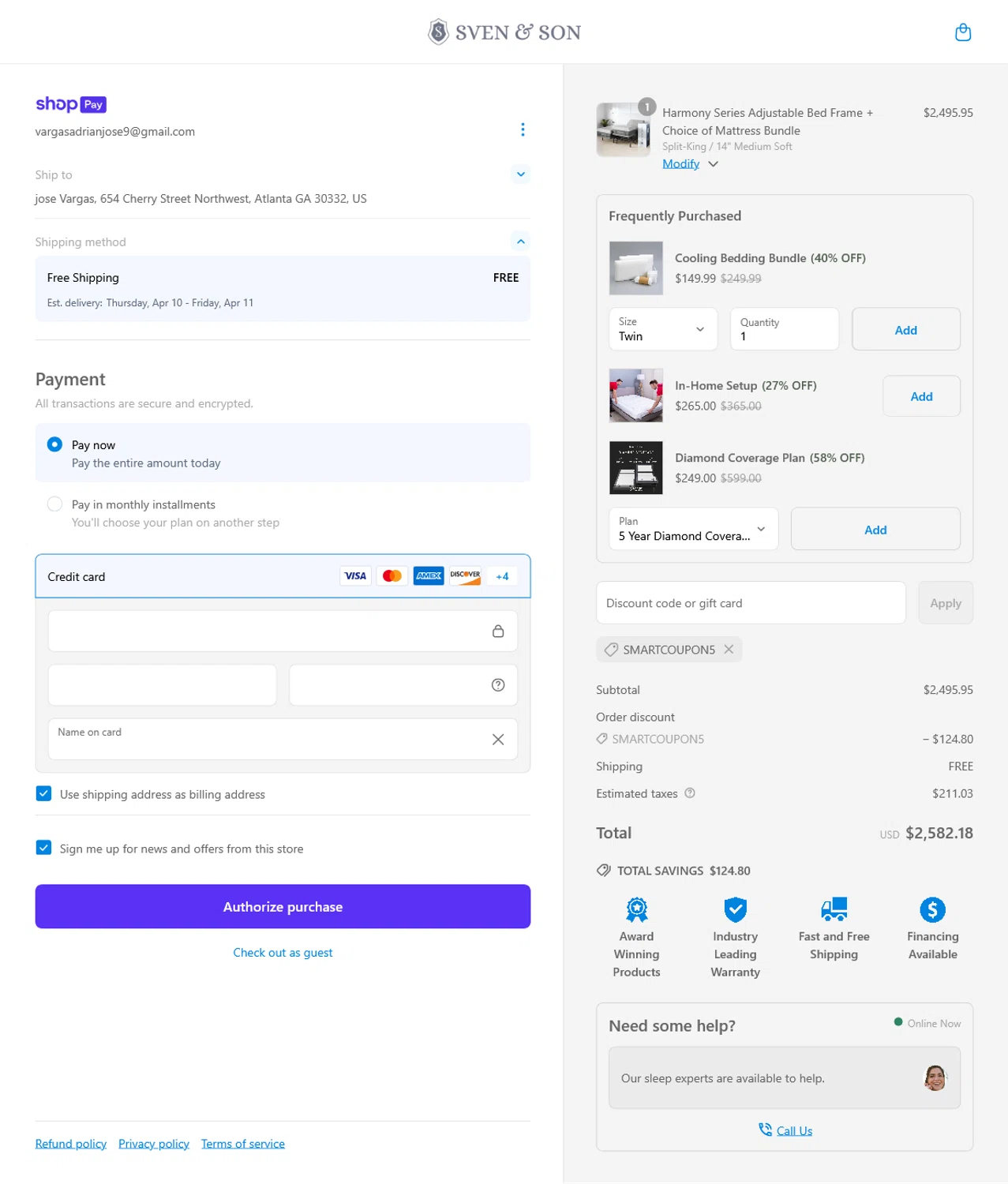 Sven and Son discount code screenshot showing code SMARTCOUPON5 applied at Sven and Son checkout page. Uploaded by SimplyCodes community member WladimirV on Apr 6, 2025