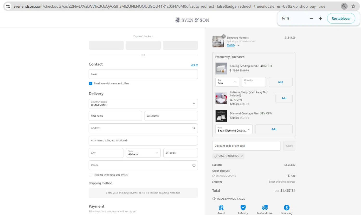 Sven and Son discount code screenshot showing code SMARTCOUPON5 applied at Sven and Son checkout page. Uploaded by SimplyCodes community member YHLQMDLGN on Jun 17, 2025