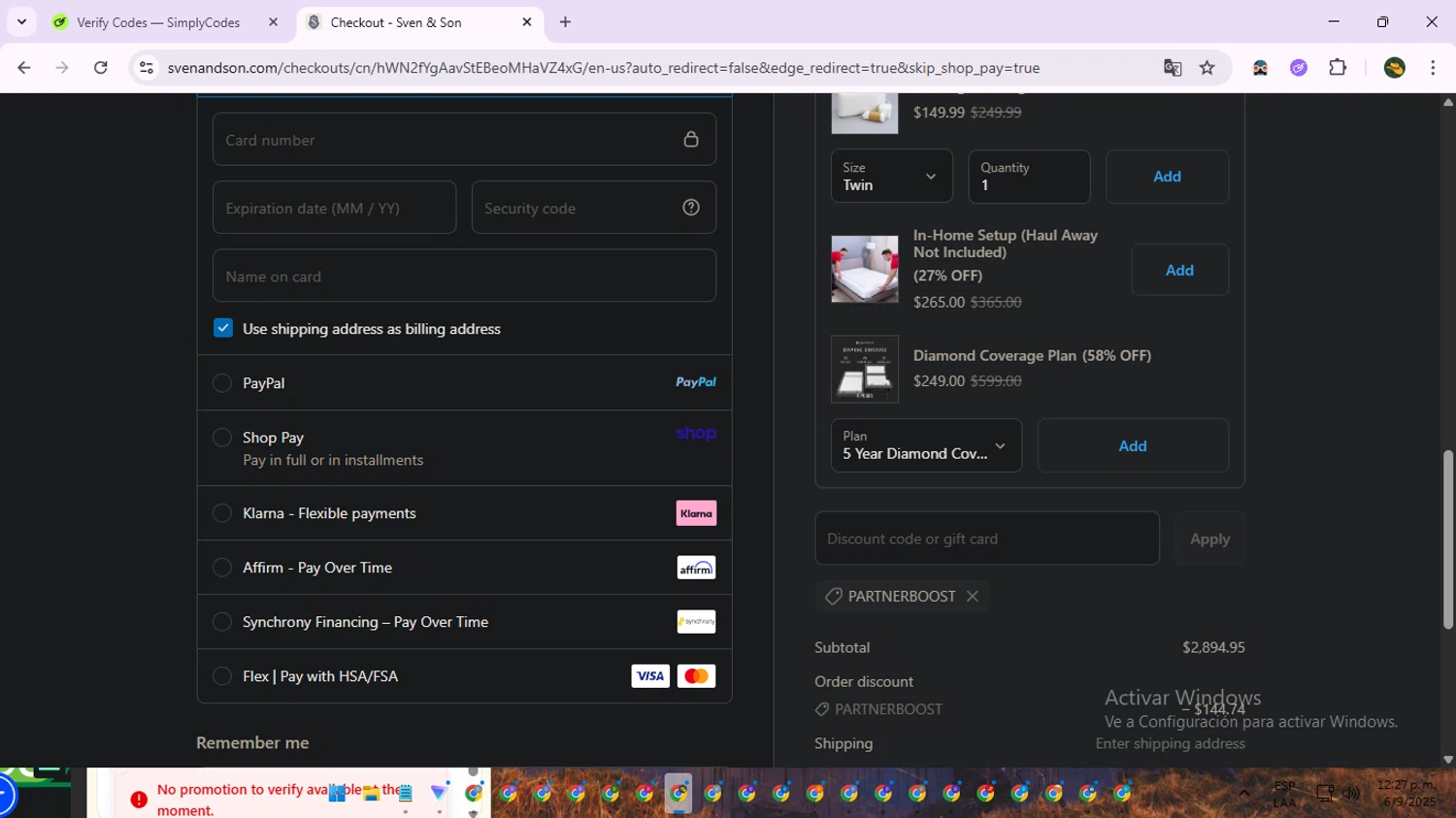 Sven and Son discount code screenshot showing code PARTNERBOOST applied at Sven and Son checkout page. Uploaded by SimplyCodes community member RewardNavigator9728 on Sep 6, 2025