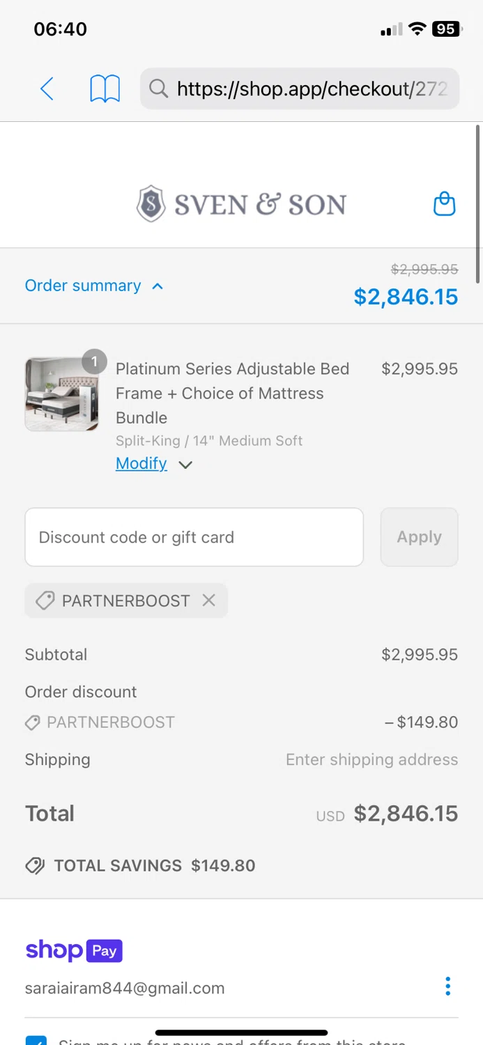 Sven and Son discount code screenshot showing code PARTNERBOOST applied at Sven and Son checkout page. Uploaded by SimplyCodes community member DiscountCurator2907 on Apr 6, 2025