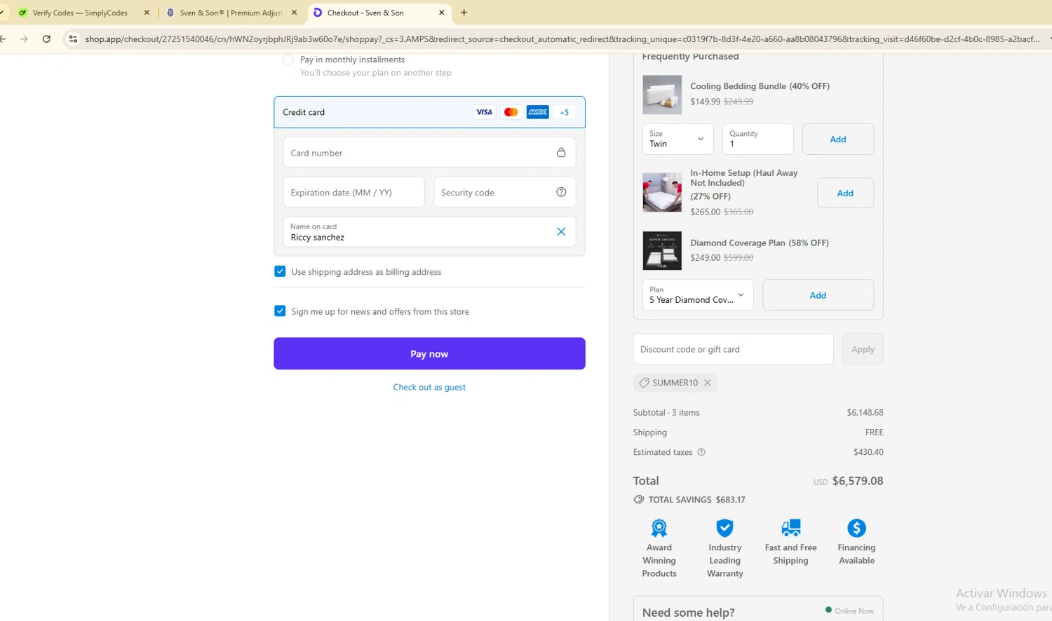 Sven and Son discount code screenshot showing code SUMMER10 applied at Sven and Son checkout page. Uploaded by SimplyCodes community member ScanGenius949 on Sep 10, 2025