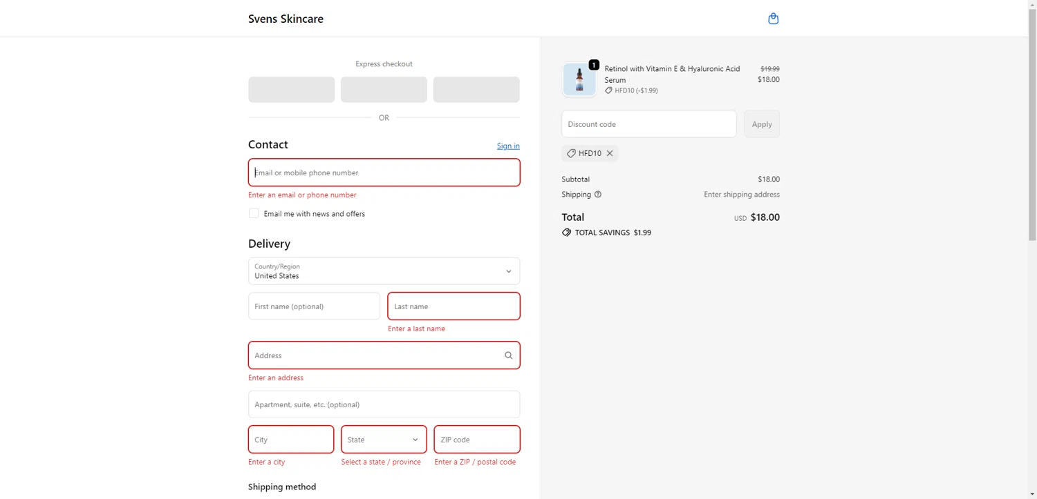 Svens Skincare promo code screenshot showing code HFD10 applied at Svens Skincare checkout page. Uploaded by SimplyCodes community member ExtraordinaryShopper780 on Oct 24, 2025