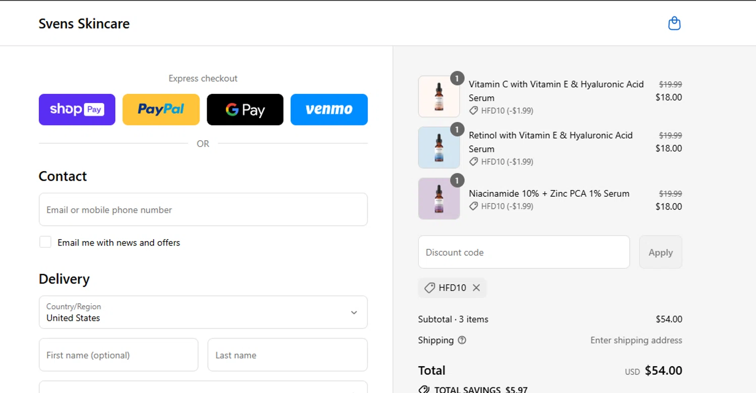 Svens Skincare promo code screenshot showing code HFD10 applied at Svens Skincare checkout page. Uploaded by SimplyCodes community member GoldLynx7797 on Aug 23, 2025