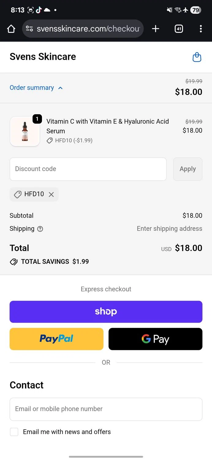 Svens Skincare promo code screenshot showing code HFD10 applied at Svens Skincare checkout page. Uploaded by SimplyCodes community member KataldoMustafack on Oct 5, 2025