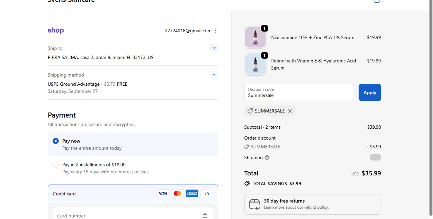 Svens Skincare promo code screenshot showing code Summersale applied at Svens Skincare checkout page. Uploaded by SimplyCodes community member BonusDefender8823 on Sep 23, 2025