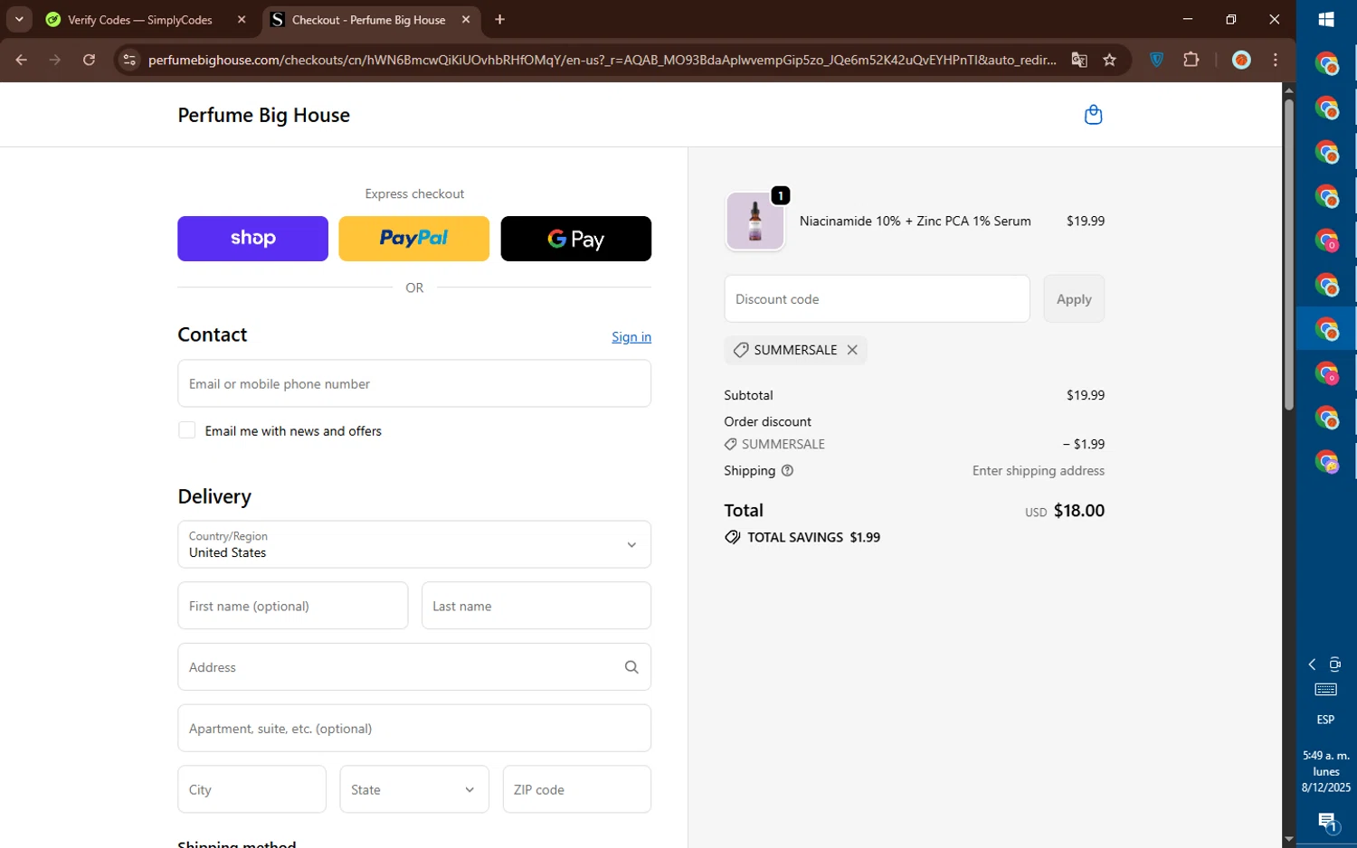 Svens Skincare promo code screenshot showing code Summersale applied at Svens Skincare checkout page. Uploaded by SimplyCodes community member DealElite4728 on Dec 8, 2025
