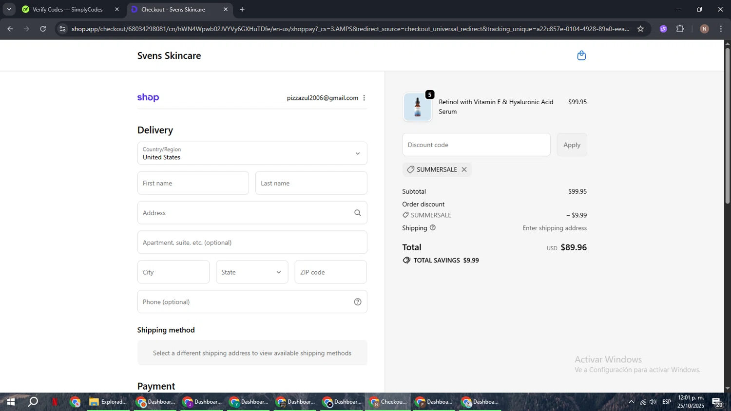 Svens Skincare promo code screenshot showing code Summersale applied at Svens Skincare checkout page. Uploaded by SimplyCodes community member DiscountPioneer2554 on Oct 25, 2025