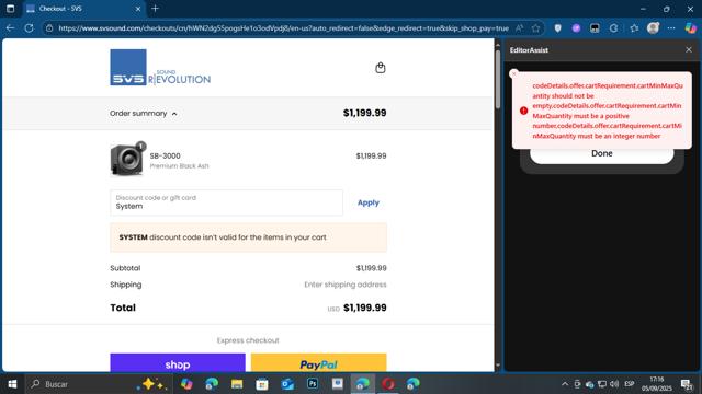 SVS checkout page showing SVS coupon code box | Screenshot taken by SimplyCodes community member on Sep 5, 2025