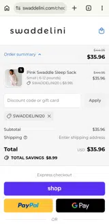SWADDELINI20 coupon verification screenshot