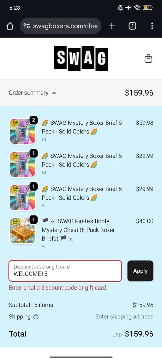 SWAG Boxers discount code screenshot showing code WELCOME15 applied at SWAG Boxers checkout page. Uploaded by SimplyCodes community member RoyalSpotter5217 on Feb 13, 2026