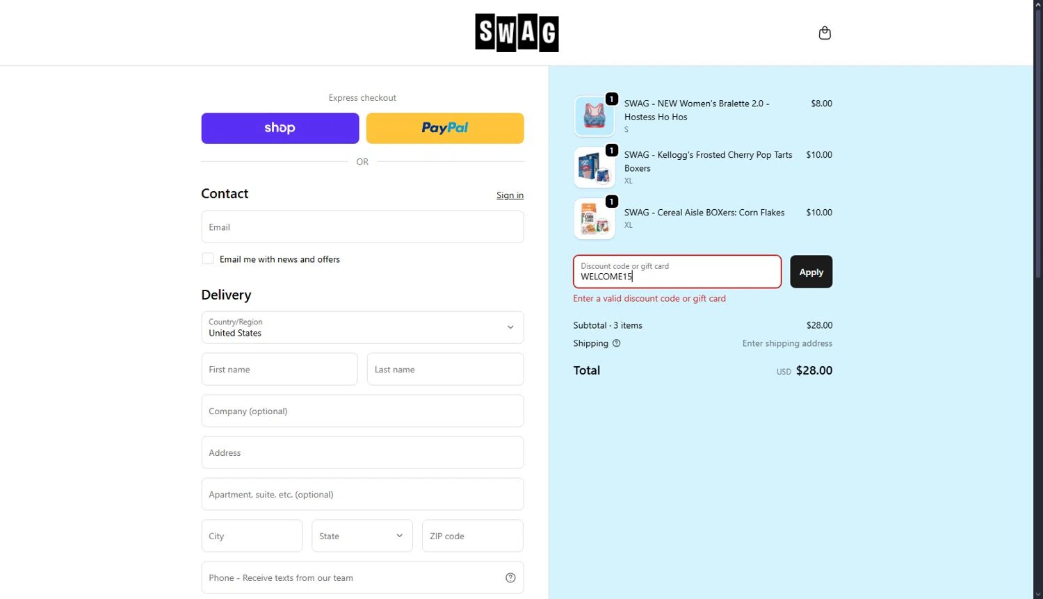 SWAG Boxers discount code screenshot showing code WELCOME15 applied at SWAG Boxers checkout page. Uploaded by SimplyCodes community member terwincastro on Oct 27, 2025