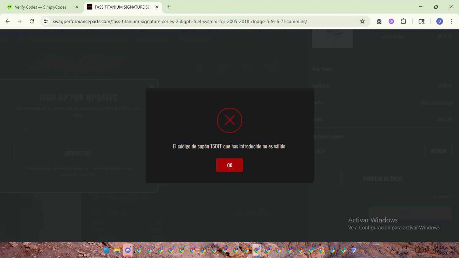 SWAGPERFORMANCEPARTS promo code screenshot showing code 15OFF applied at SWAGPERFORMANCEPARTS checkout page. Uploaded by SimplyCodes community member VoucherTitan8325 on Aug 14, 2025