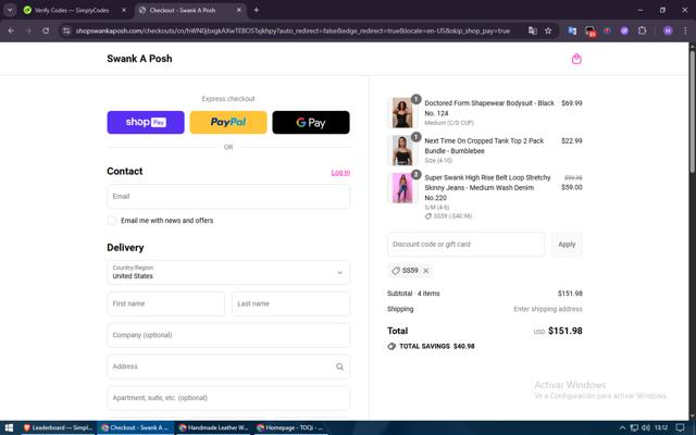 Swank A Posh checkout page showing Swank A Posh discount code box | Screenshot taken by SimplyCodes community member on Jul 17, 2025