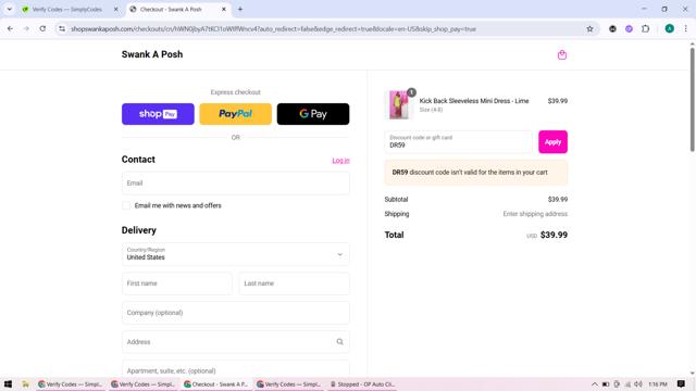 Swank A Posh checkout page showing Swank A Posh discount code box | Screenshot taken by SimplyCodes community member on Jul 17, 2025