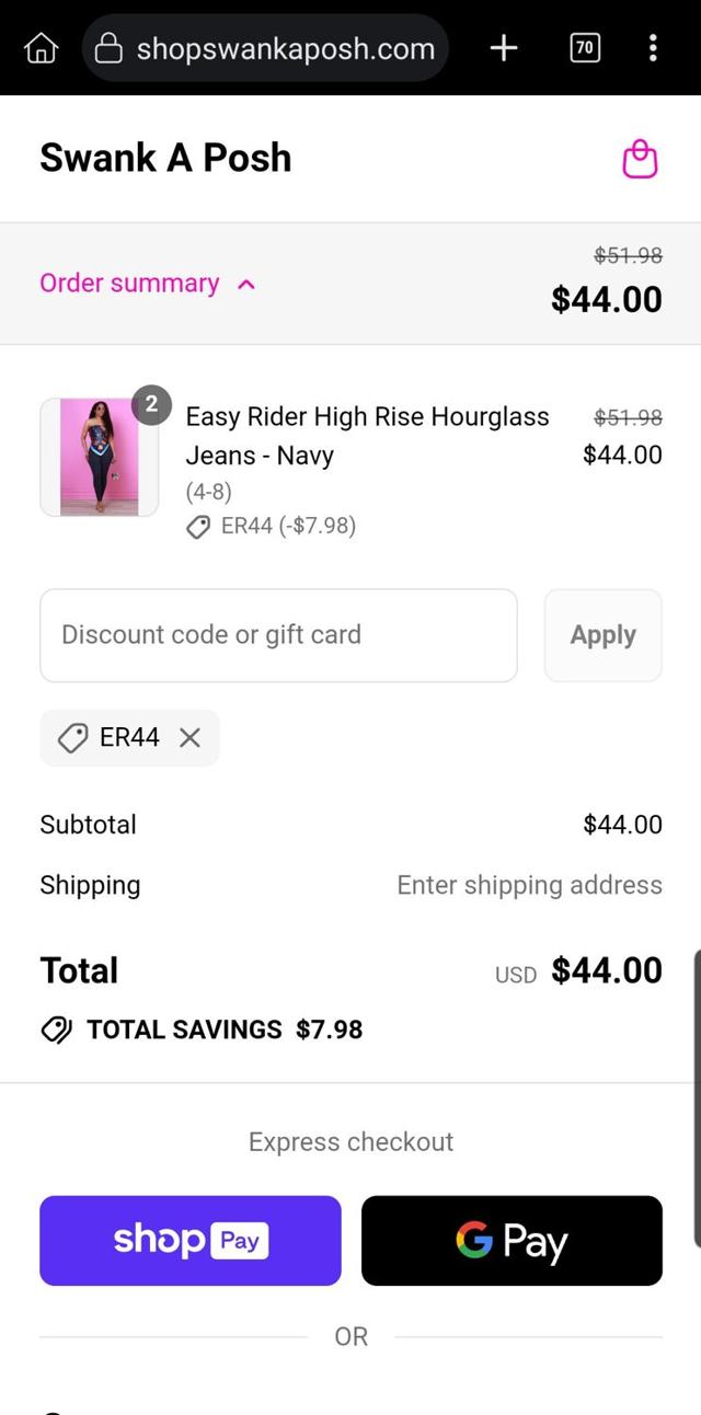 Swank A Posh checkout page showing Swank A Posh discount code box | Screenshot taken by SimplyCodes community member on Jul 17, 2025